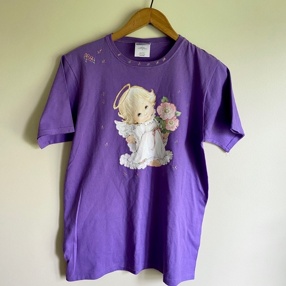 Vintage Purple Floral Angel Graphic Cotton T-Shirt - Picture 1 of 4